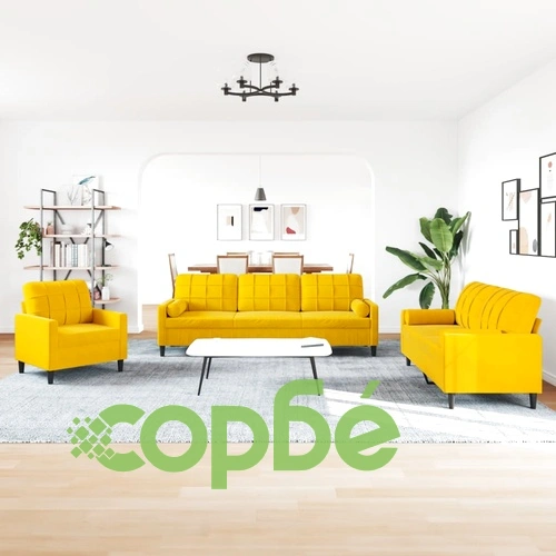 Мека мебел от 3 части с възглавници и болстери жълт, кадифе ➤ топ цена ➤ sorbe.bg