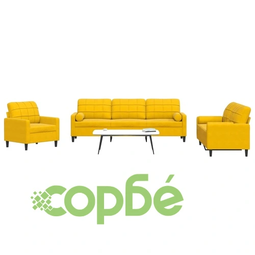 Мека мебел от 3 части с възглавници и болстери жълт, кадифе ➤ топ цена ➤ sorbe.bg