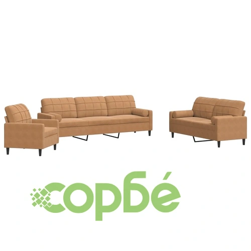 Мека мебел от 3 части с възглавници и болстери кафяв кадифе ➤ топ цена ➤ sorbe.bg