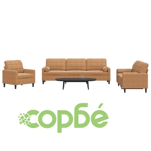 Мека мебел от 3 части с възглавници и болстери кафяв кадифе ➤ топ цена ➤ sorbe.bg