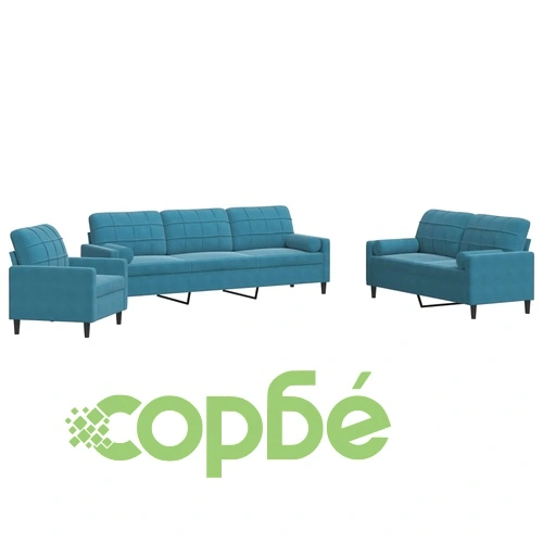 Мека мебел от 3 части с възглавници и болстери син кадифе ➤ топ цена ➤ sorbe.bg