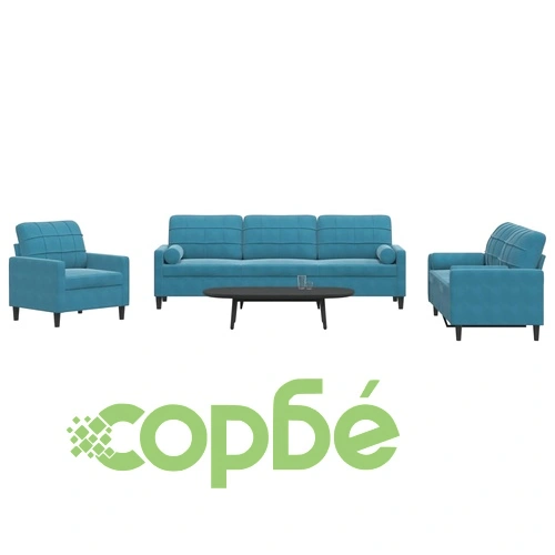 Мека мебел от 3 части с възглавници и болстери син кадифе ➤ топ цена ➤ sorbe.bg