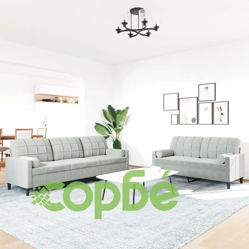 Мека мебел от 2 части с възглавници и болстери светлосив кадифе ➤ топ цена ➤ sorbe.bg