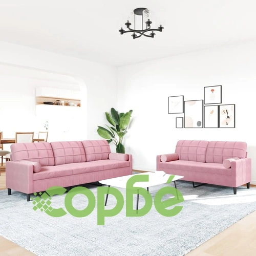 Мека мебел от 2 части с възглавници и болстери розов кадифе ➤ топ цена ➤ sorbe.bg