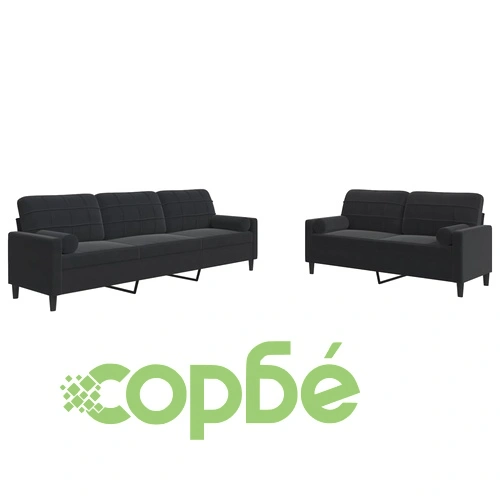 Мека мебел от 2 части с възглавници и болстери черен кадифе ➤ топ цена ➤ sorbe.bg