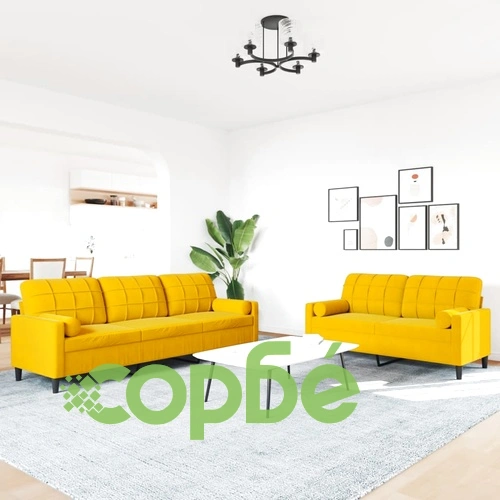Мека мебел от 2 части с възглавници и болстери жълт кадифе ➤ топ цена ➤ sorbe.bg