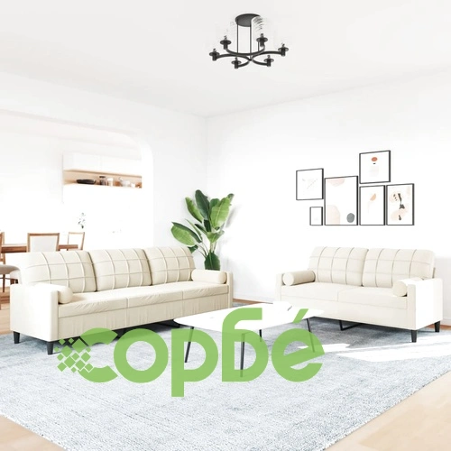 Мека мебел от 2 части с възглавници и болстери кремав кадифе ➤ топ цена ➤ sorbe.bg