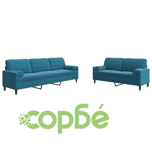 Мека мебел от 2 части с възглавници и болстери син кадифе ➤ топ цена ➤ sorbe.bg