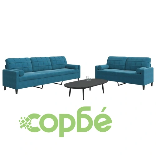 Мека мебел от 2 части с възглавници и болстери син кадифе ➤ топ цена ➤ sorbe.bg