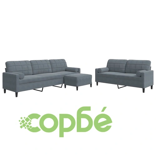 Мека мебел от 3 части с възглавници и болстери тъмносив кадифе ➤ топ цена ➤ sorbe.bg