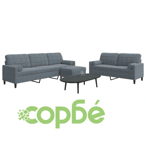 Мека мебел от 3 части с възглавници и болстери тъмносив кадифе ➤ топ цена ➤ sorbe.bg