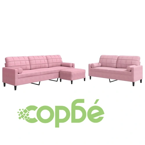 Мека мебел от 3 части с възглавници и болстери розов кадифе ➤ топ цена ➤ sorbe.bg