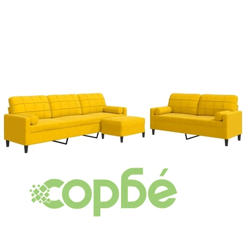 Мека мебел от 3 части с възглавници и болстери жълт, кадифе ➤ топ цена ➤ sorbe.bg