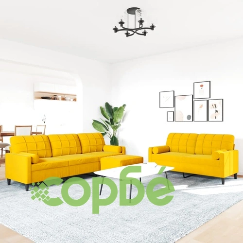 Мека мебел от 3 части с възглавници и болстери жълт, кадифе ➤ топ цена ➤ sorbe.bg