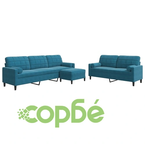 Мека мебел от 3 части с възглавници и болстери син кадифе ➤ топ цена ➤ sorbe.bg