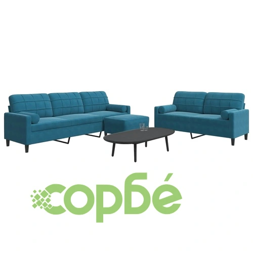 Мека мебел от 3 части с възглавници и болстери син кадифе ➤ топ цена ➤ sorbe.bg