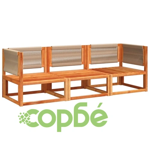 Градински комплект от 3 дивана с възглавници, дърво, акация и въже ➤ топ цена ➤ sorbe.bg