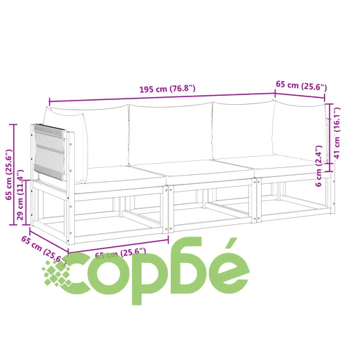 Градински комплект от 3 дивана с възглавници, дърво, акация и въже ➤ топ цена ➤ sorbe.bg