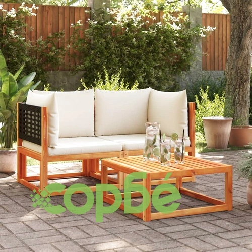 Градински дивани ъглови с възглавници, 2 бр., дърво, акация и ратан ➤ топ цена ➤ sorbe.bg