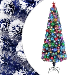 Изкуствена осветена коледна елха бял и син 210 см фибро влакна