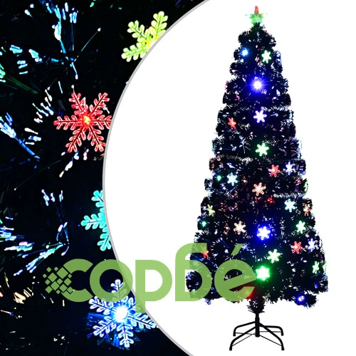 Коледна елха с LED снежинки, черна, 180 см, оптично влакно ➤ топ цена ➤ sorbe.bg