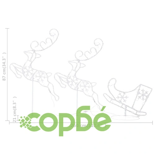 Акрилни летящи коледни елени с шейна 260x21x87 см студено бяло ➤ топ цена ➤ sorbe.bg