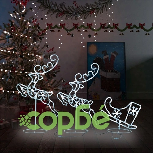 Акрилни летящи коледни елени с шейна 260x21x87 см студено бяло ➤ топ цена ➤ sorbe.bg