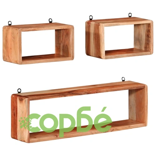 Кубични рафтове за стена, 3 части, акациево дърво масив ➤ топ цена ➤ sorbe.bg