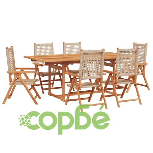 Градински трапезен комплект, 7 части, бежов, полиратан и масив ➤ топ цена ➤ sorbe.bg