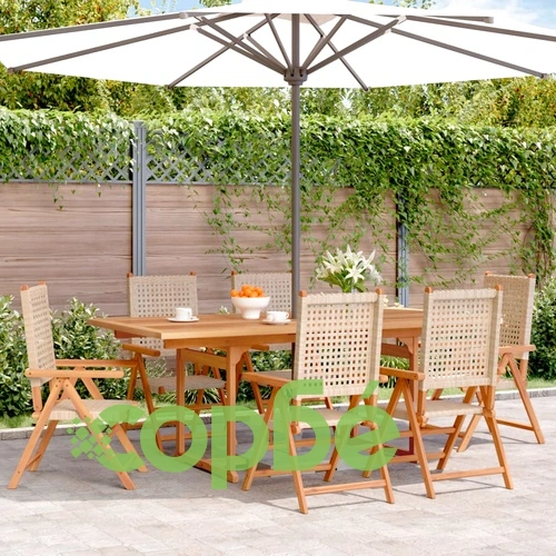 Градински трапезен комплект, 7 части, бежов, полиратан и масив ➤ топ цена ➤ sorbe.bg