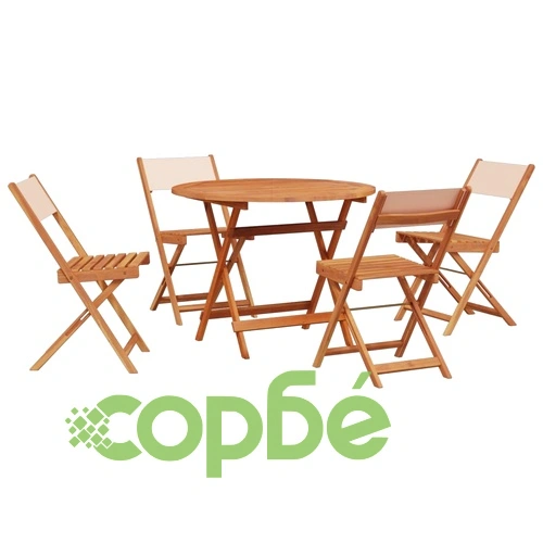 Градински трапезен комплект, 5 части, бежов, плат и дърво масив ➤ топ цена ➤ sorbe.bg