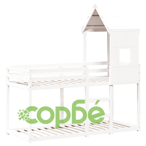 Двуетажно легло с покрив, бял, 80x200 см, борово дърво масив ➤ топ цена ➤ sorbe.bg