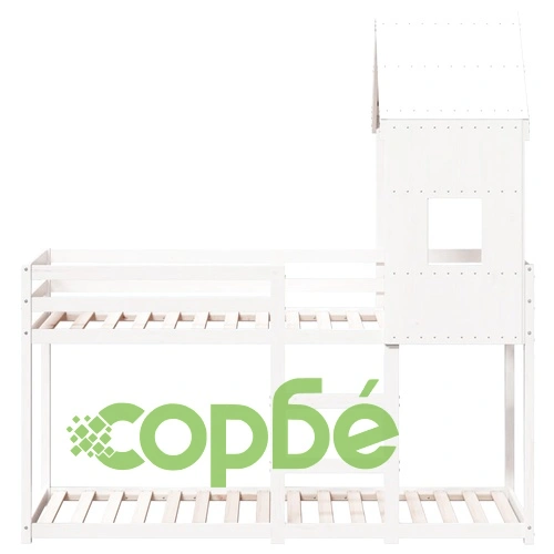 Двуетажно легло с покрив, бял, 80x200 см, борово дърво масив ➤ топ цена ➤ sorbe.bg