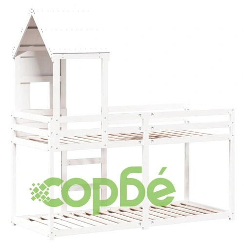 Двуетажно легло с покрив, бял, 80x200 см, борово дърво масив ➤ топ цена ➤ sorbe.bg