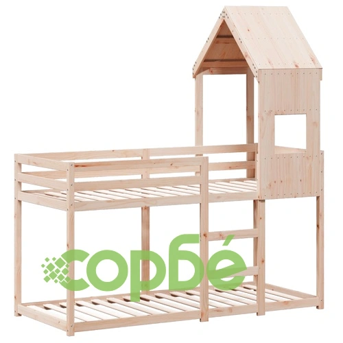 Двуетажно легло с покрив, 75x190 см, борово дърво масив ➤ топ цена ➤ sorbe.bg