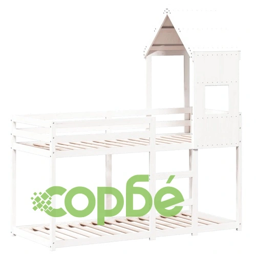 Двуетажно легло с покрив, бял, 75x190 см, борово дърво масив ➤ топ цена ➤ sorbe.bg