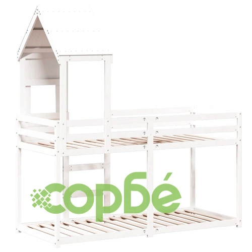 Двуетажно легло с покрив, бял, 75x190 см, борово дърво масив ➤ топ цена ➤ sorbe.bg