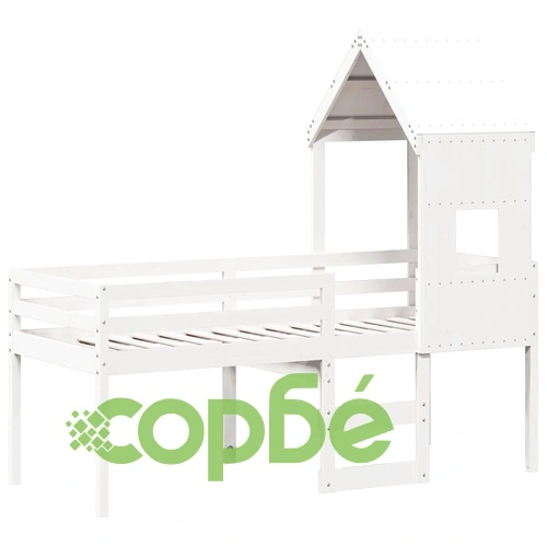 Високо легло с покрив, бяло, 90x200 см, борово дърво масив ➤ топ цена ➤ sorbe.bg