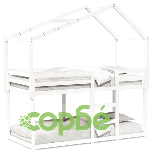 Двуетажно легло с покрив, бял, 90x200 см, борово дърво масив ➤ топ цена ➤ sorbe.bg