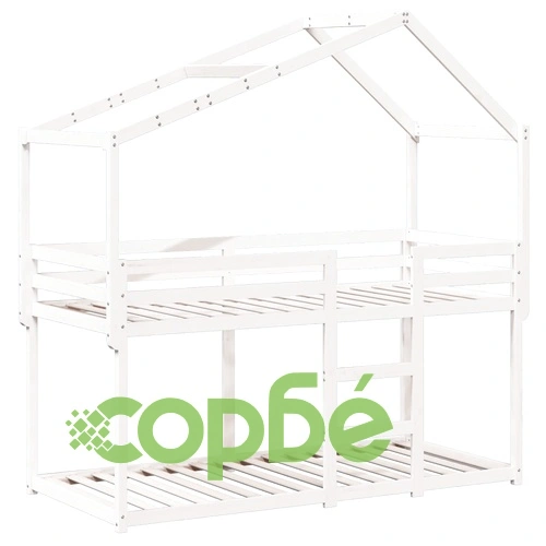 Двуетажно легло с покрив, бял, 90x200 см, борово дърво масив ➤ топ цена ➤ sorbe.bg