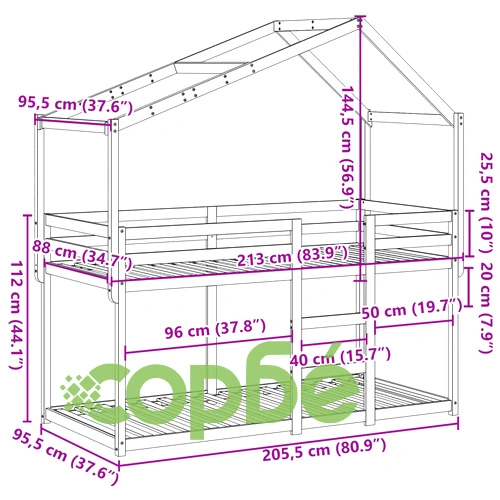 Двуетажно легло с покрив, бял, 90x200 см, борово дърво масив ➤ топ цена ➤ sorbe.bg