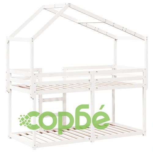 Двуетажно легло с покрив, бял, 90x200 см, борово дърво масив ➤ топ цена ➤ sorbe.bg
