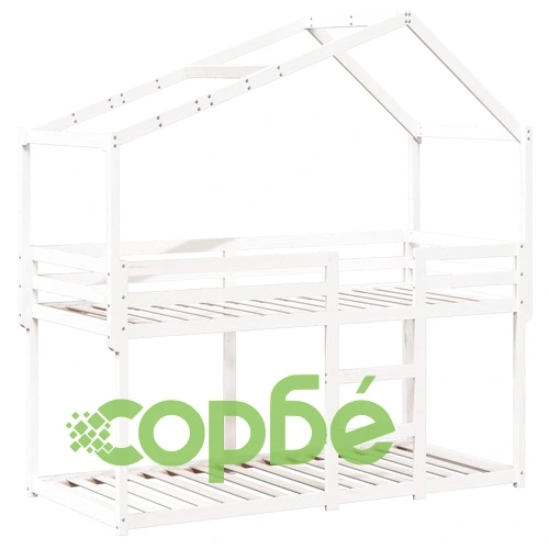 Двуетажно легло с покрив, бял, 75x190 см, борово дърво масив ➤ топ цена ➤ sorbe.bg