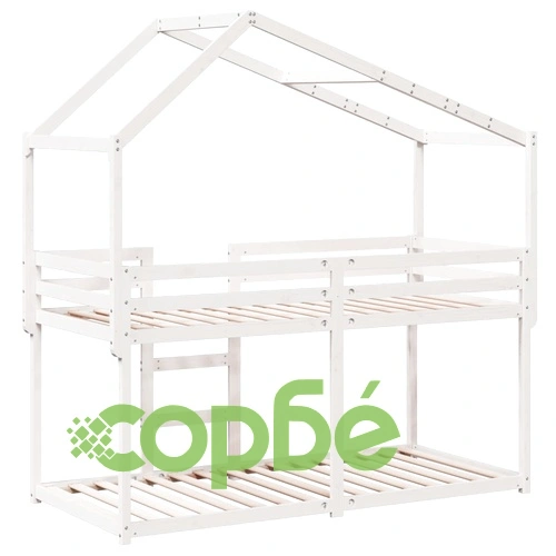 Двуетажно легло с покрив, бял, 75x190 см, борово дърво масив ➤ топ цена ➤ sorbe.bg