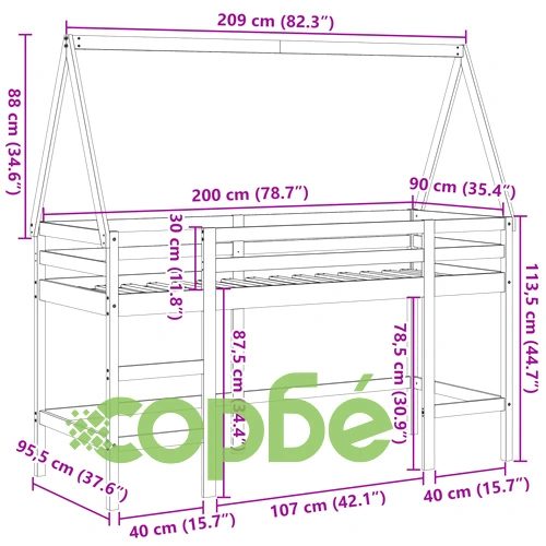 Таванско легло със стълба и покрив, 90x200 см, бор масив ➤ топ цена ➤ sorbe.bg