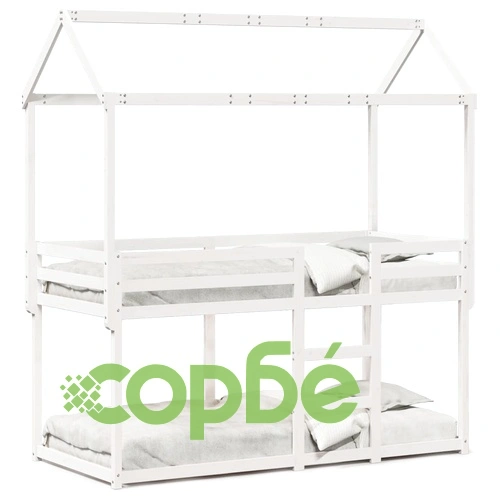 Двуетажно легло с покрив, бял, 80x200 см, борово дърво масив ➤ топ цена ➤ sorbe.bg