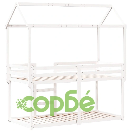 Двуетажно легло с покрив, бял, 80x200 см, борово дърво масив ➤ топ цена ➤ sorbe.bg