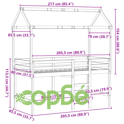 Таванско легло със стълба и покрив, 80x200 см, бор масив ➤ топ цена ➤ sorbe.bg