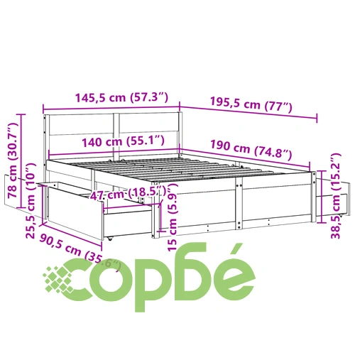 Рамка за легло без матрак, восъчнокафяв, 140x190 см, бор масив ➤ топ цена ➤ sorbe.bg
