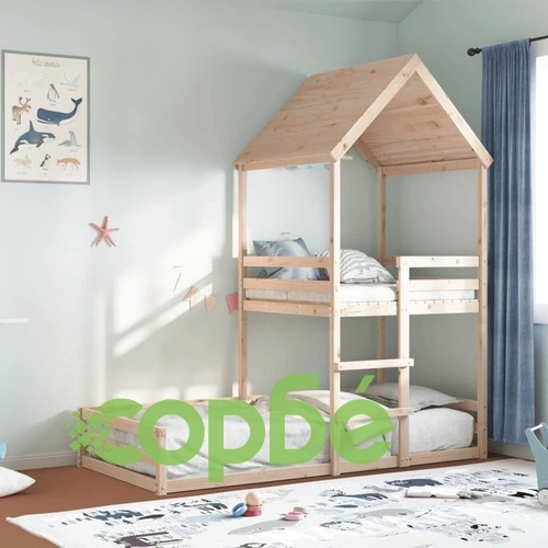 Двуетажно легло с покрив, 80x200 см, борово дърво масив ➤ топ цена ➤ sorbe.bg